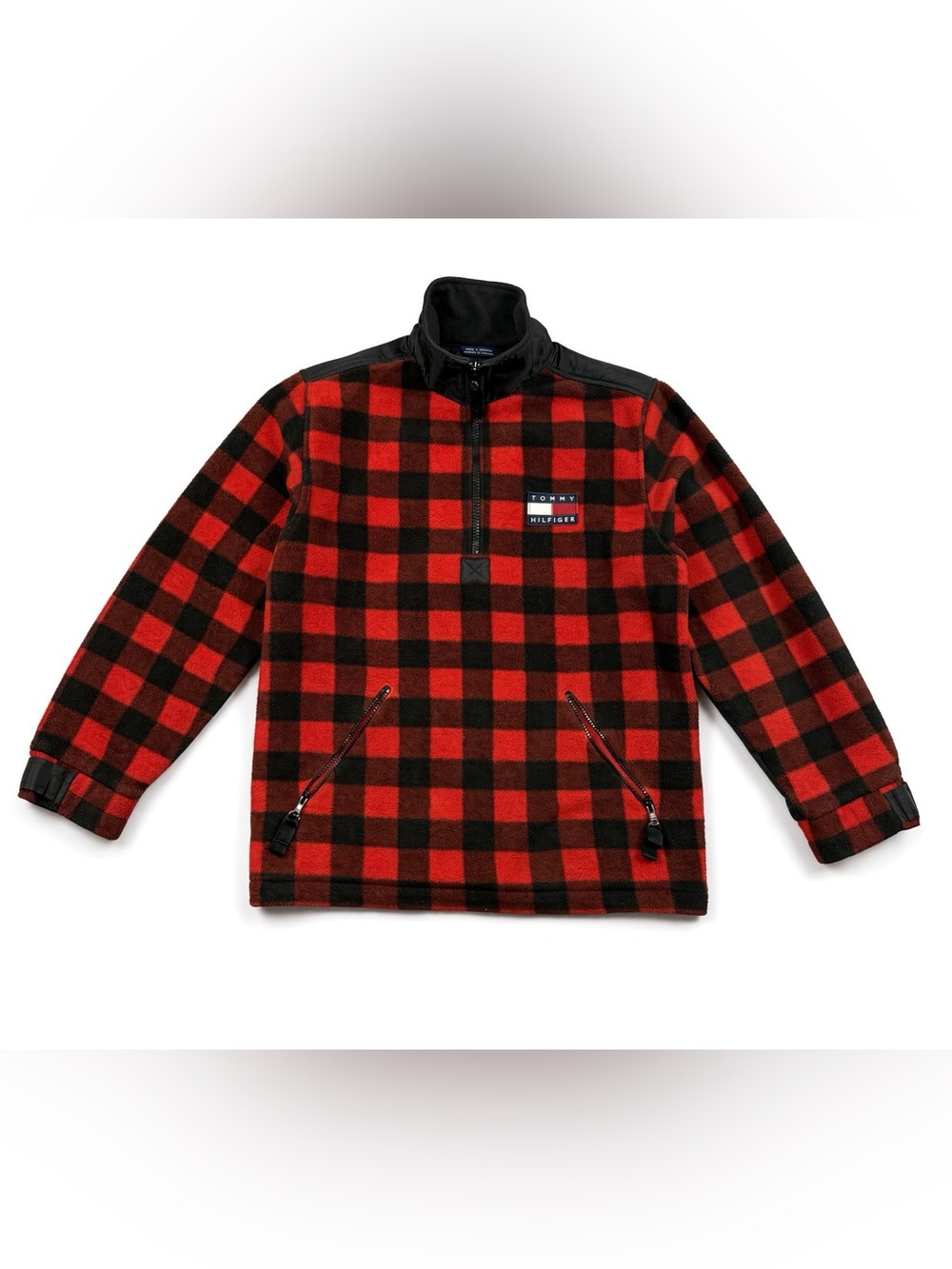 Tommy Hilfiger Fleece Pullover Mens S Red Black Plaid 1/4 Zip Vintage